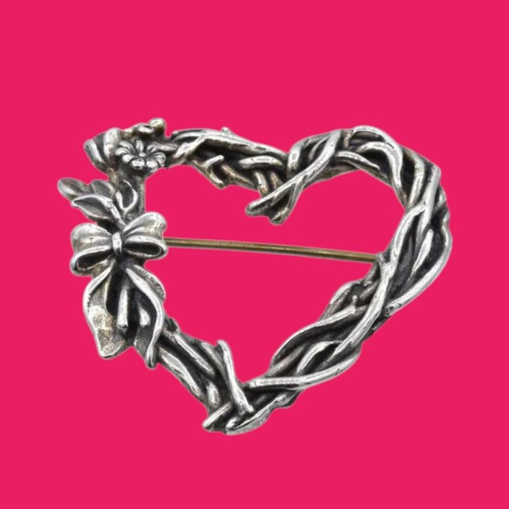 Vintage H & H Sterling Silver Heart Brooch Flower Vine